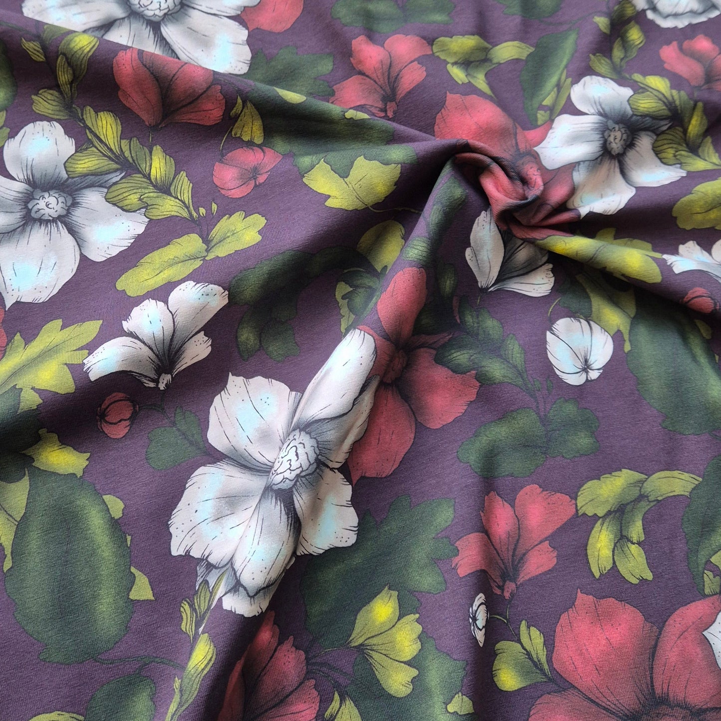 Nora cherry, exclusieve zelfontworpen tricot stof met biologisch katoen